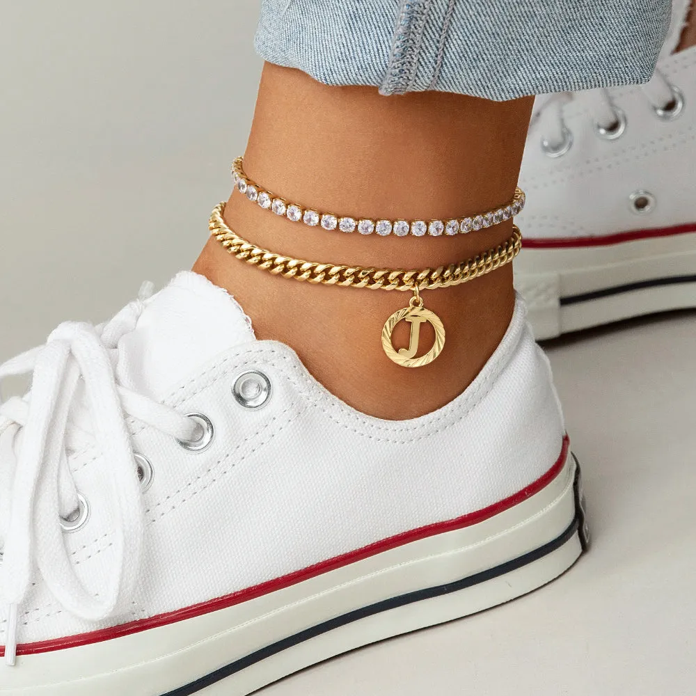 14K Dainty Initial letter Anklets Layering with CZ Tennis Chain