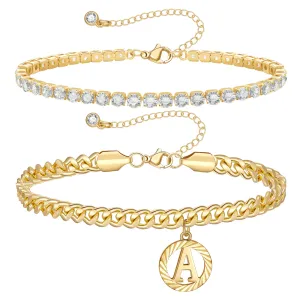 14K Dainty Initial letter Anklets Layering with CZ Tennis Chain