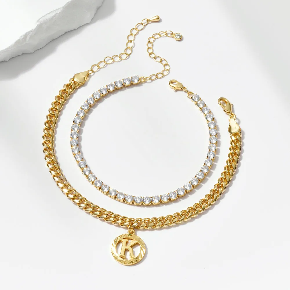 14K Dainty Initial letter Anklets Layering with CZ Tennis Chain