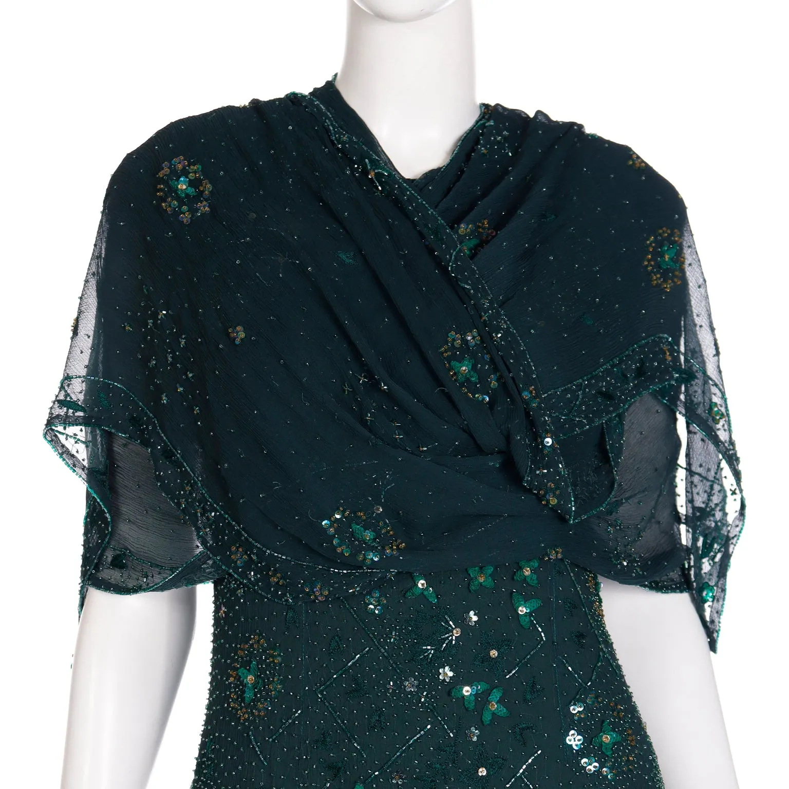 1980s Richilene Dark Green Long Dress Vintage Beaded Evening Gown w Wrap