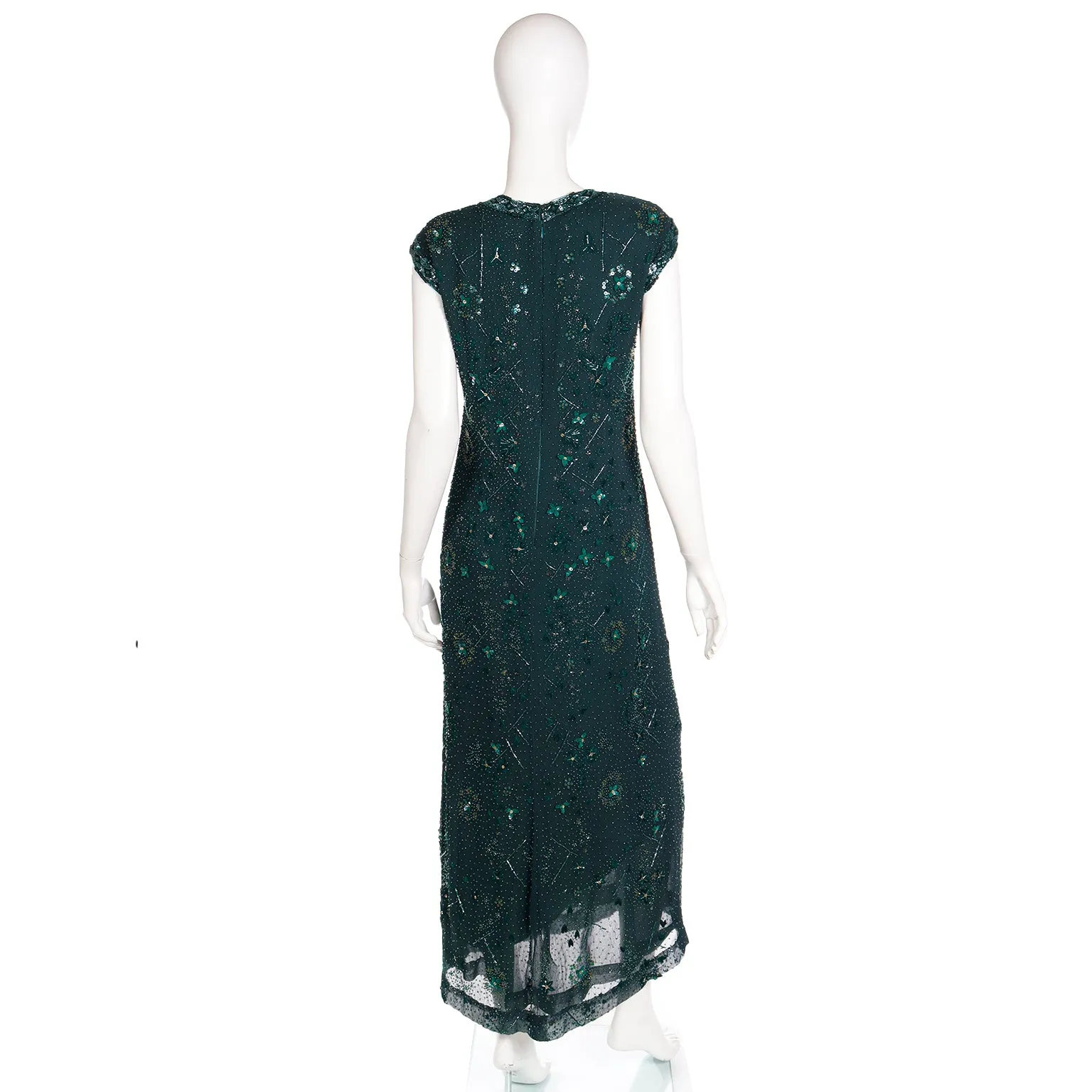 1980s Richilene Dark Green Long Dress Vintage Beaded Evening Gown w Wrap