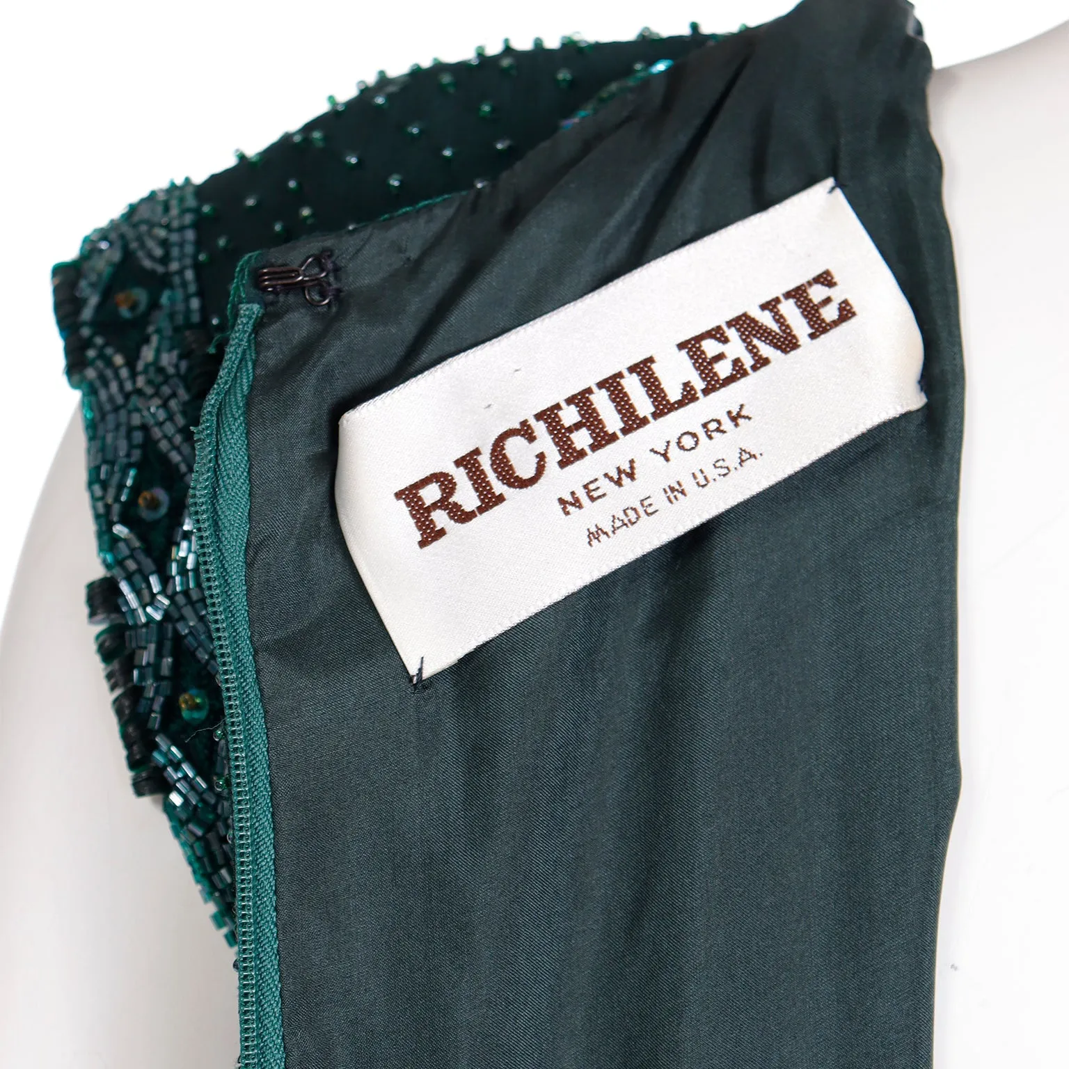 1980s Richilene Dark Green Long Dress Vintage Beaded Evening Gown w Wrap