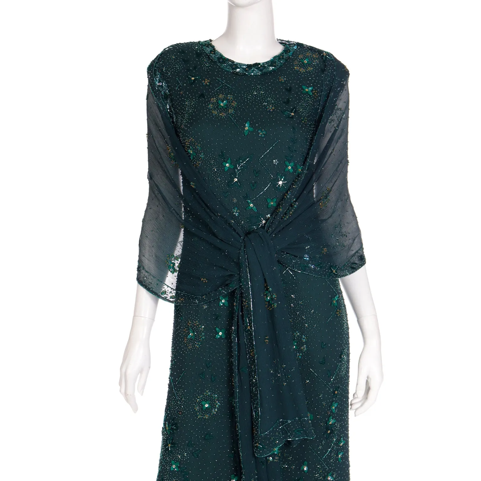 1980s Richilene Dark Green Long Dress Vintage Beaded Evening Gown w Wrap