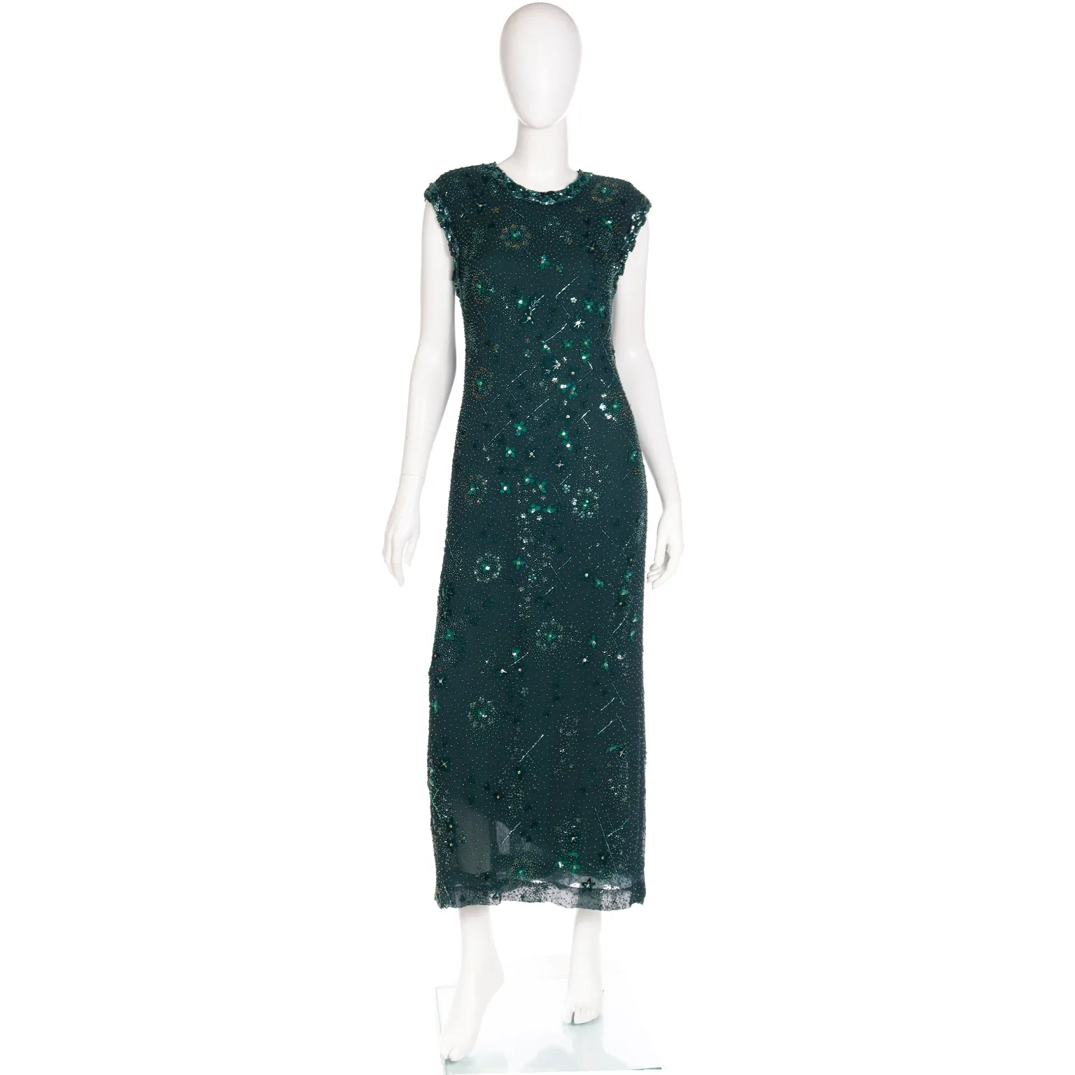 1980s Richilene Dark Green Long Dress Vintage Beaded Evening Gown w Wrap