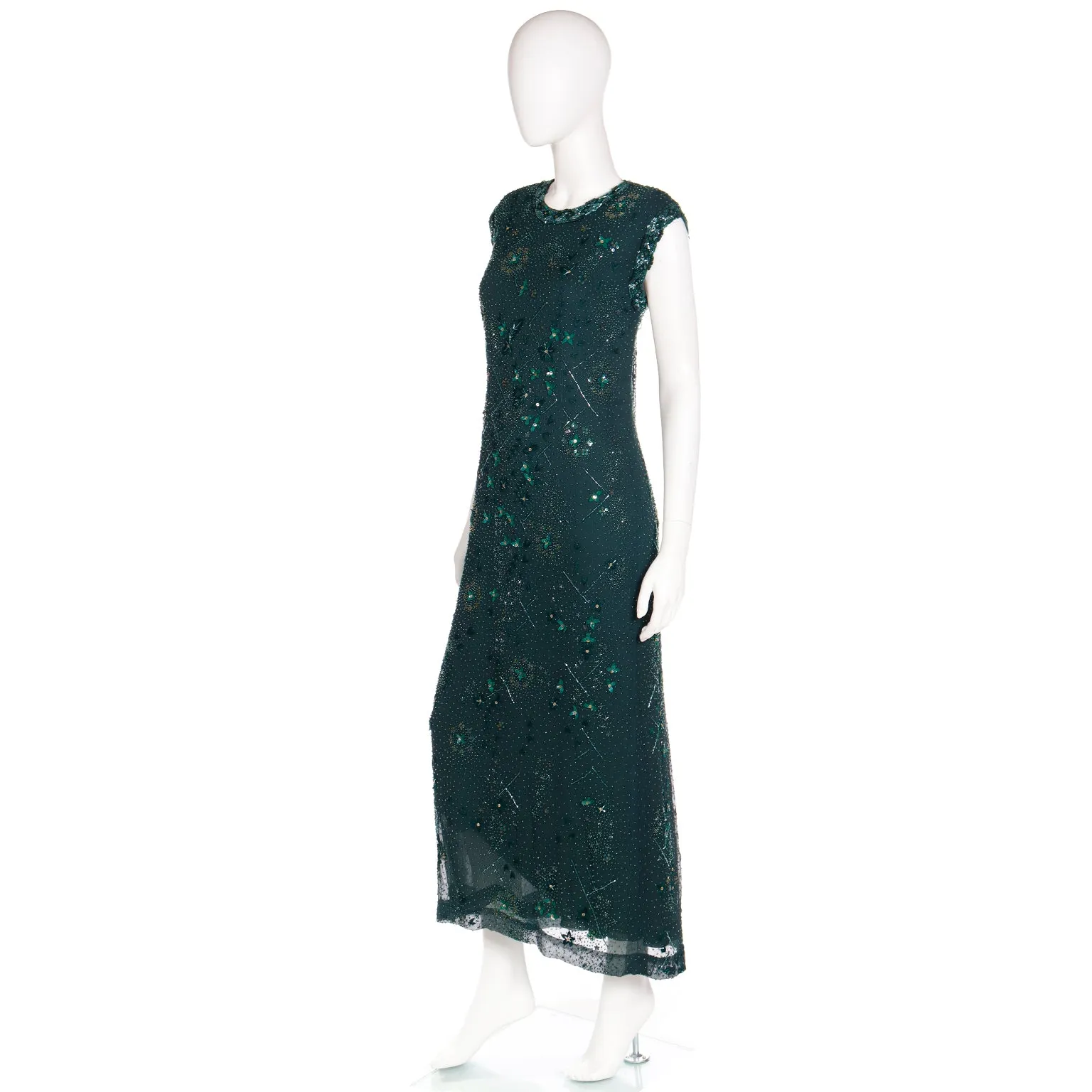 1980s Richilene Dark Green Long Dress Vintage Beaded Evening Gown w Wrap