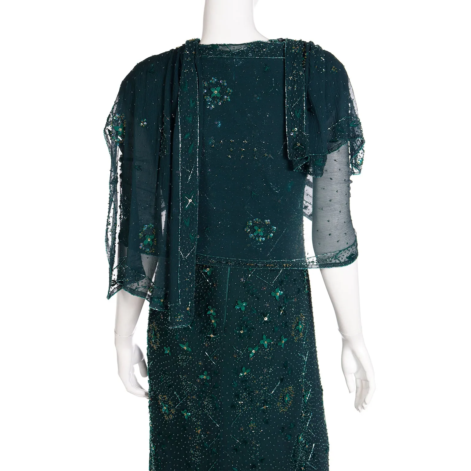 1980s Richilene Dark Green Long Dress Vintage Beaded Evening Gown w Wrap