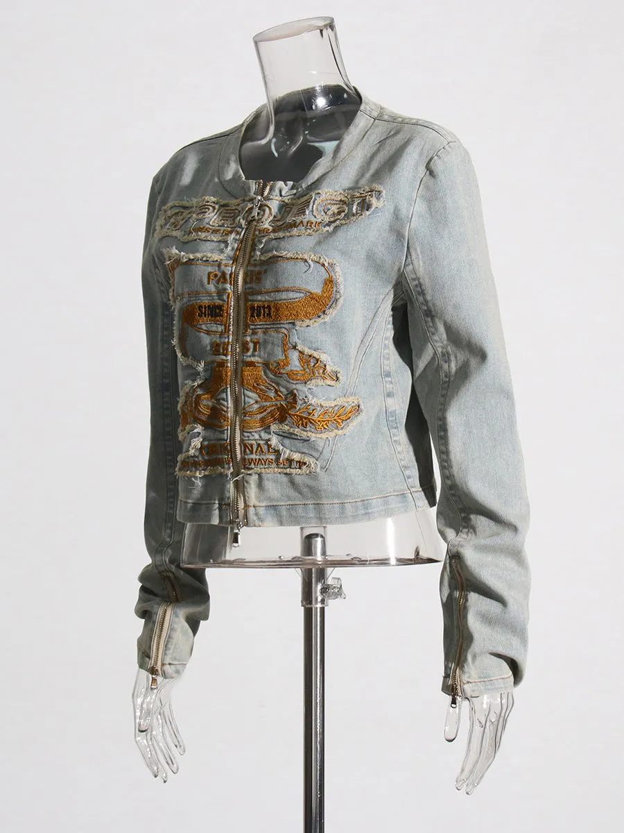 American retro embroidered denim jacket