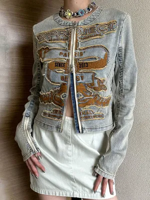 American retro embroidered denim jacket