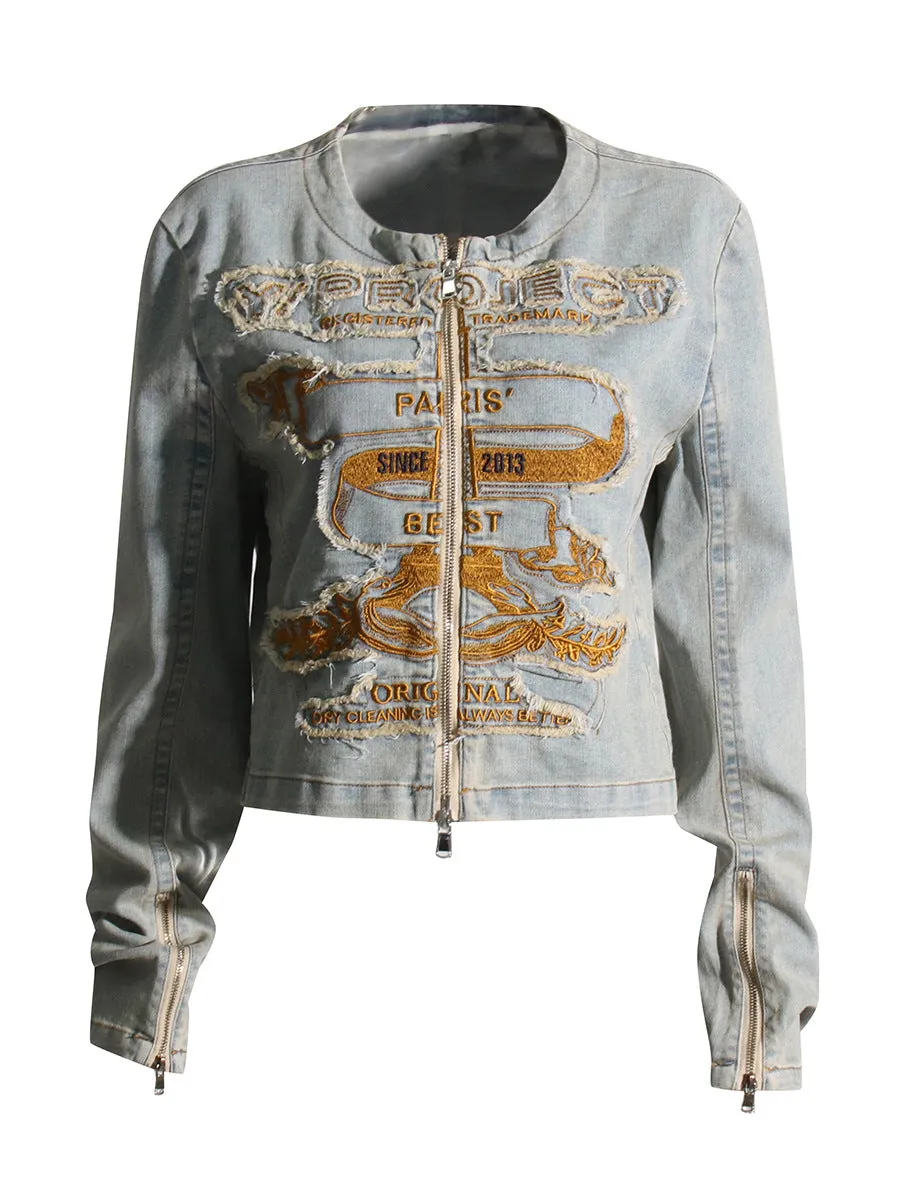 American retro embroidered denim jacket