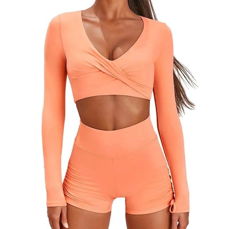 Autumn Solid Yoga Suit Gym Fitness Two Piece Set Long Sleeve Crop Top