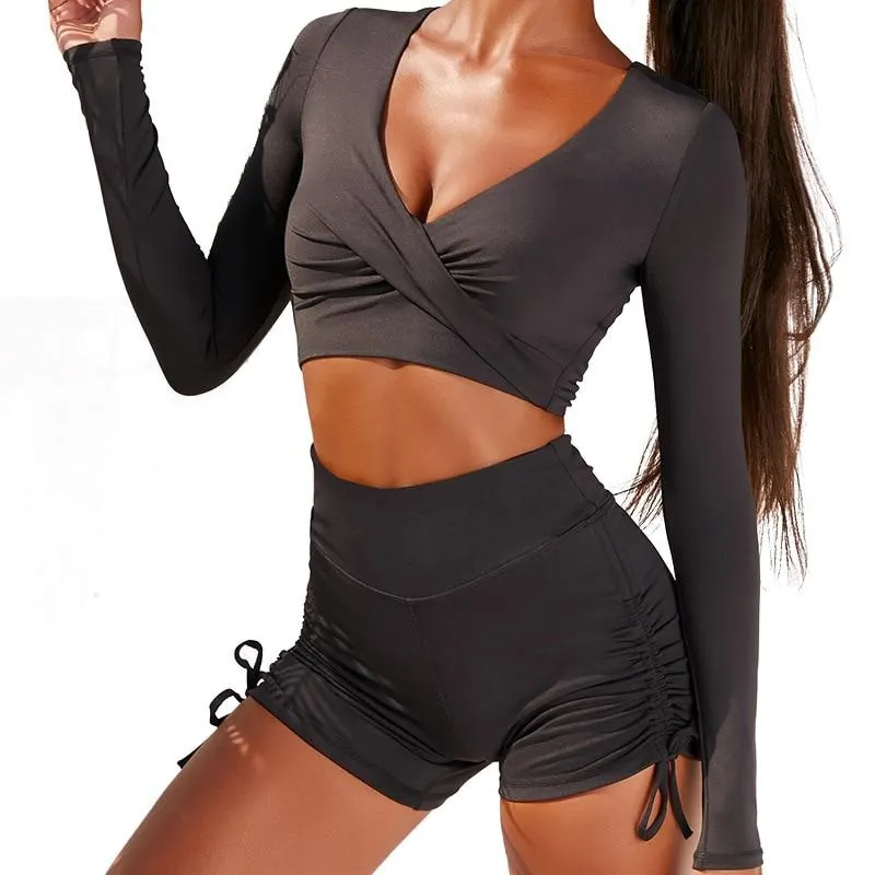 Autumn Solid Yoga Suit Gym Fitness Two Piece Set Long Sleeve Crop Top