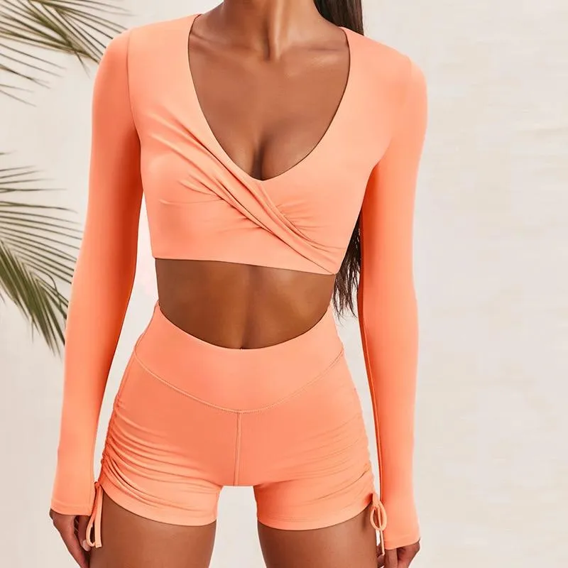 Autumn Solid Yoga Suit Gym Fitness Two Piece Set Long Sleeve Crop Top