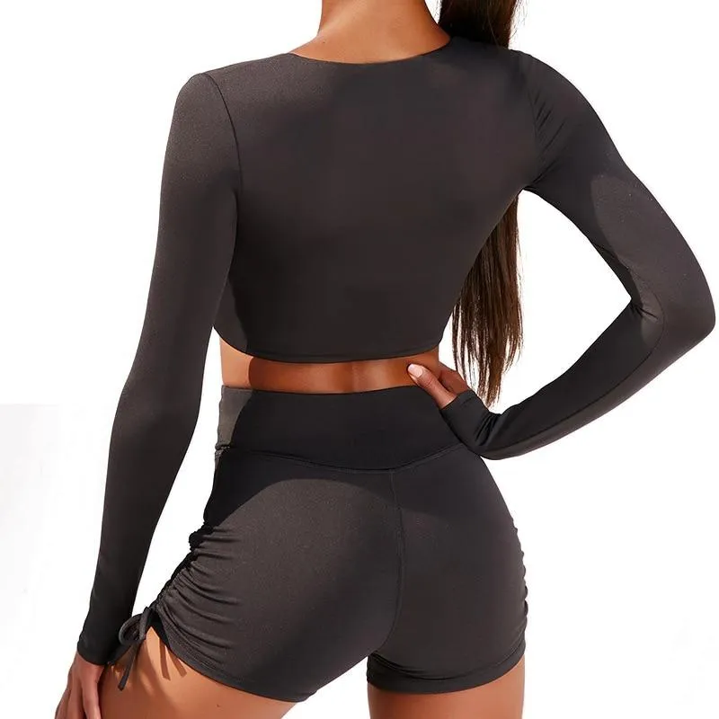 Autumn Solid Yoga Suit Gym Fitness Two Piece Set Long Sleeve Crop Top