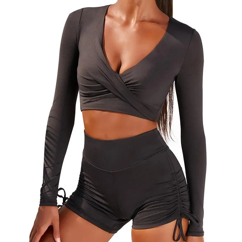 Autumn Solid Yoga Suit Gym Fitness Two Piece Set Long Sleeve Crop Top