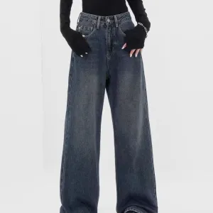 Baggy Straight Dark Blue Denim Jeans - Retro Style