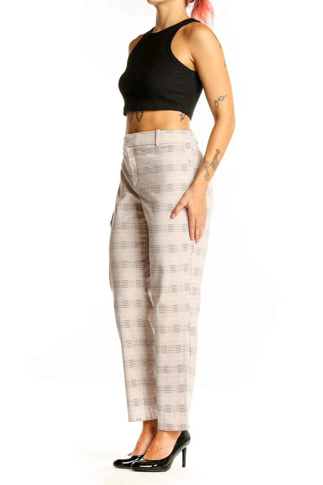 Beige Textured Straight-Leg Trousers