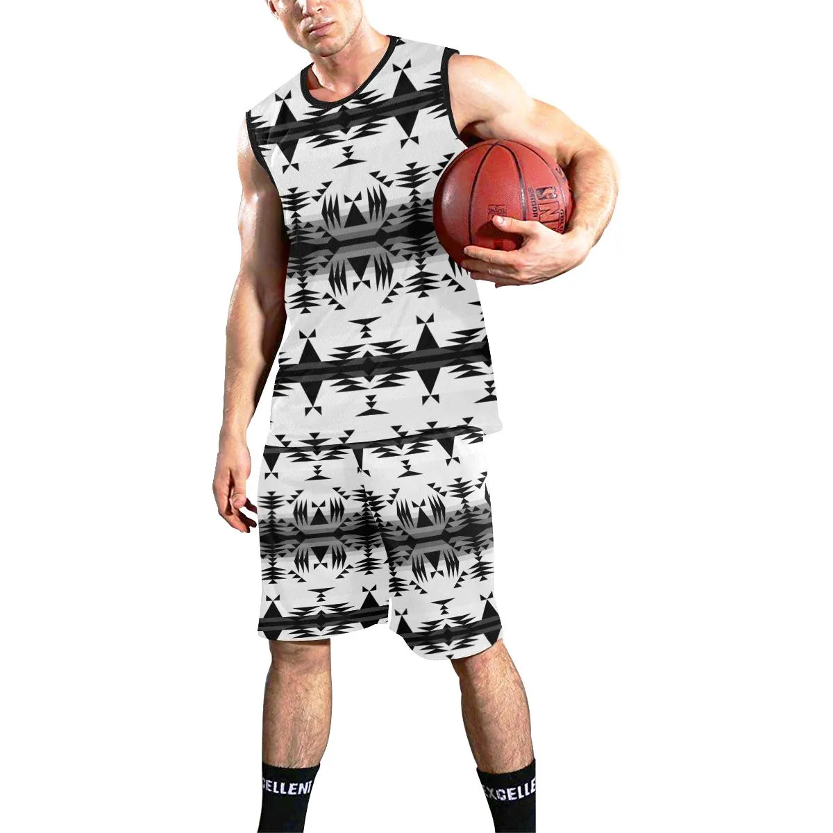 Between the Mountains White and Black Basketball Uniform