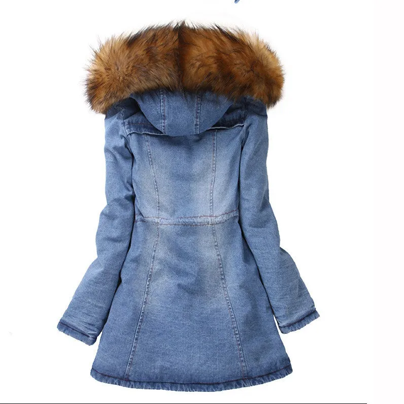 Big Wool Hooded Drawstring Jean Mid-length Cotton Coat