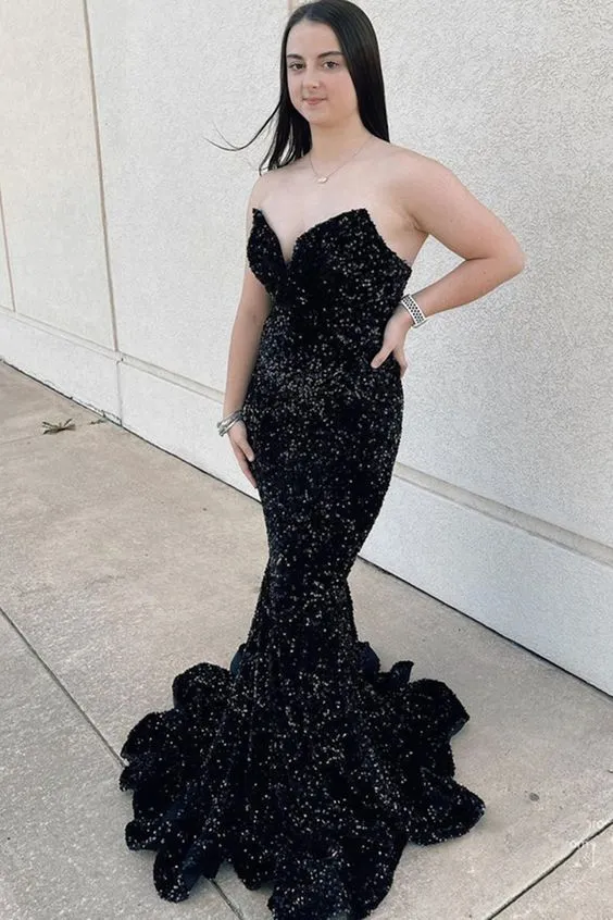 Black Appliques Sweetheart Trumpet Long Prom Dresses