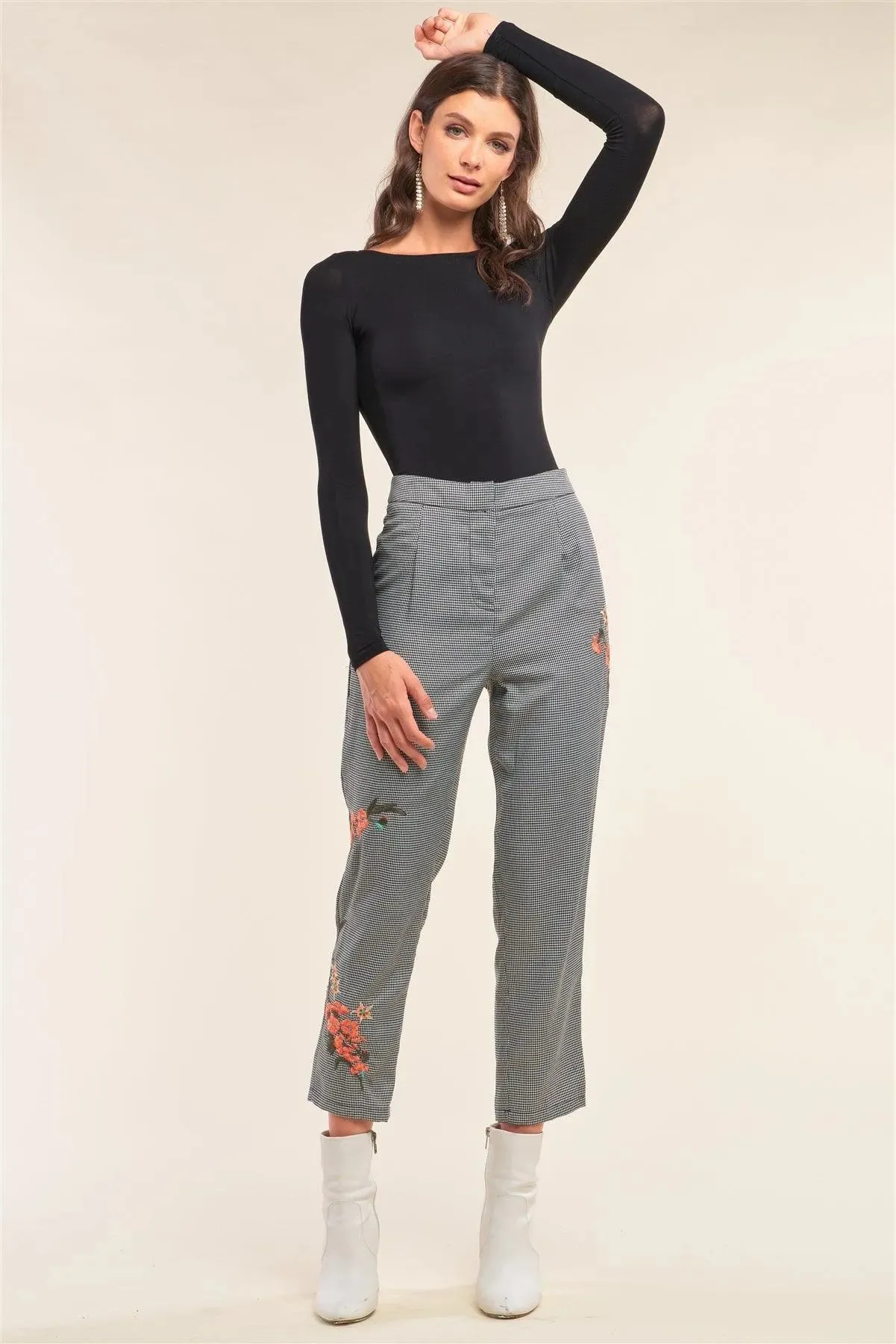 Black Houndstooth Floral Embroidery High Waisted Pants