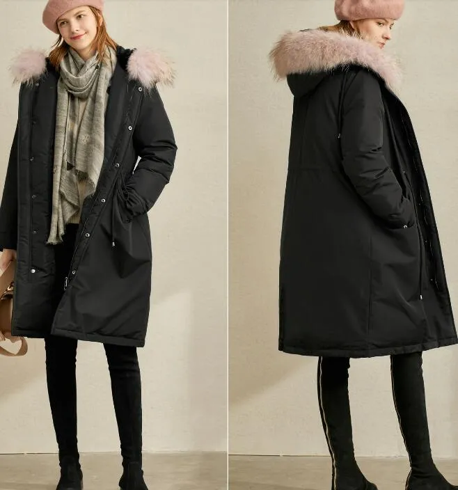 Black Long Fur Trim Women Winter Loose Plus size Side Pockets Down Jacket Women Down Coats Any Size