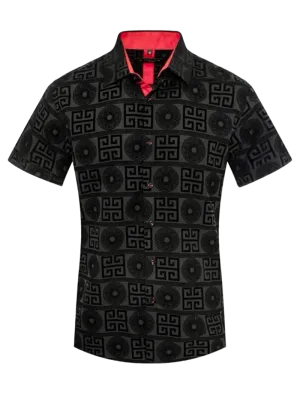 Black Men's Luxury Style Greek Key Short Sleeves Shirt Regular-Fit