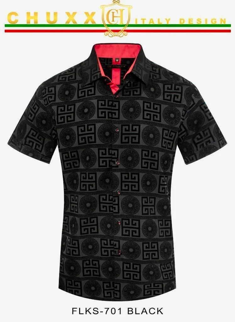 Black Men's Luxury Style Greek Key Short Sleeves Shirt Regular-Fit