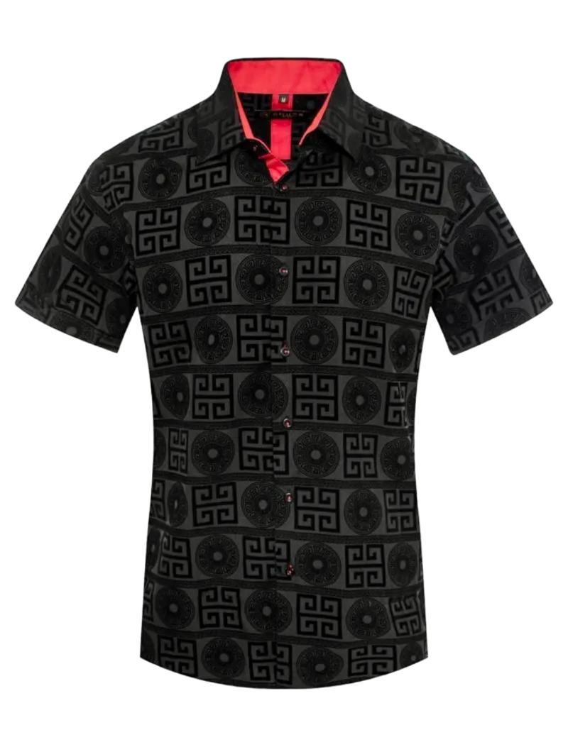 Black Men's Luxury Style Greek Key Short Sleeves Shirt Regular-Fit