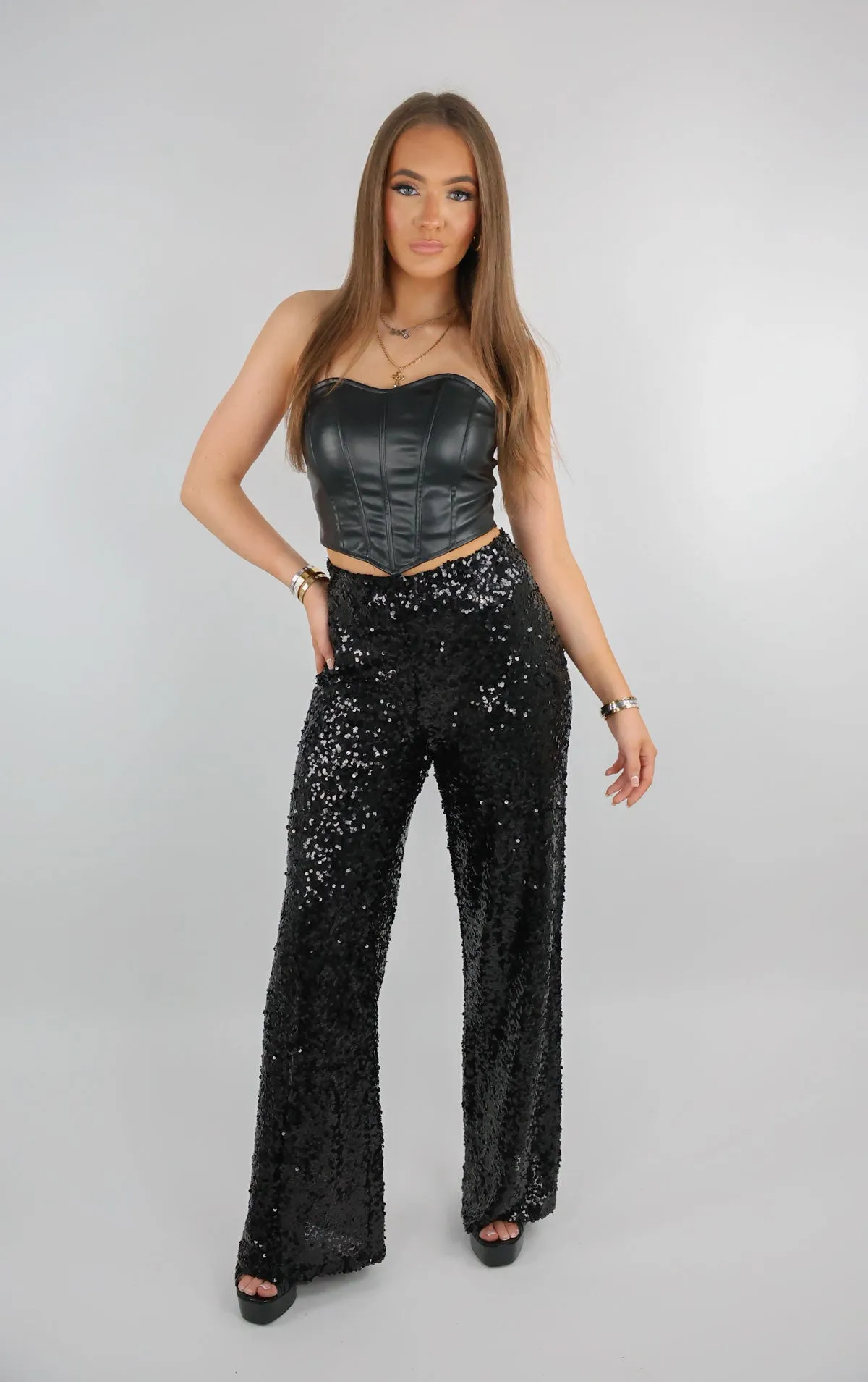 Black Sequin Flared Trouser