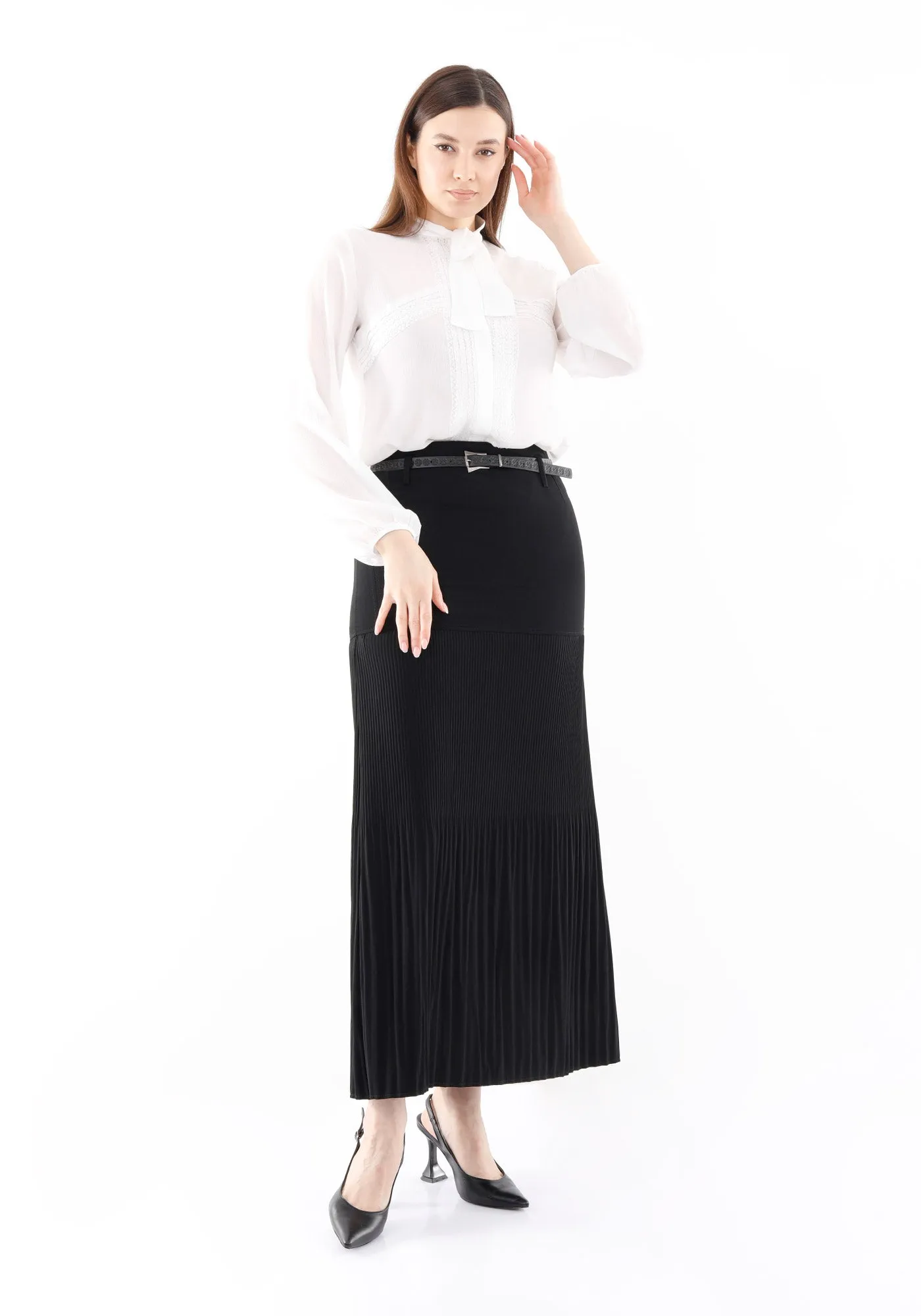 Black Thin Pleated Maxi Skirt with Floral Belt - G-Line