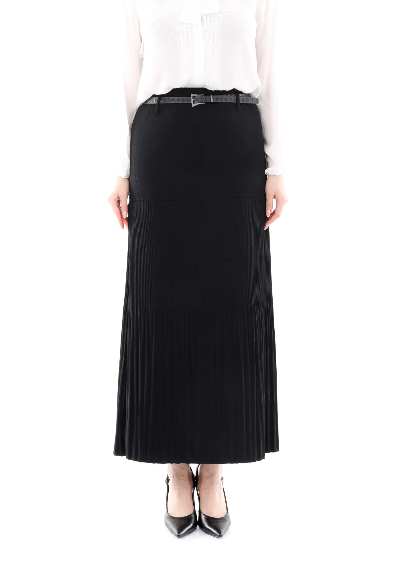 Black Thin Pleated Maxi Skirt with Floral Belt - G-Line