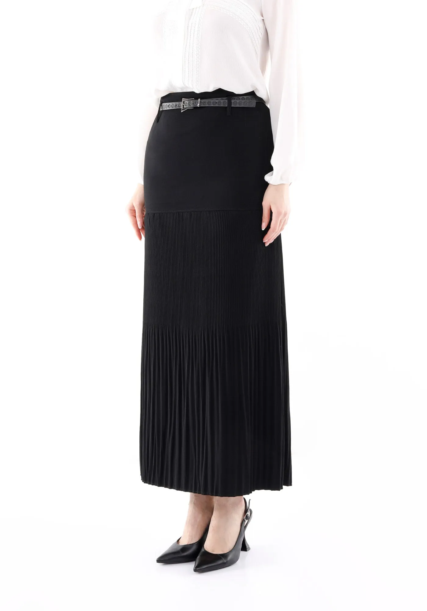 Black Thin Pleated Maxi Skirt with Floral Belt - G-Line