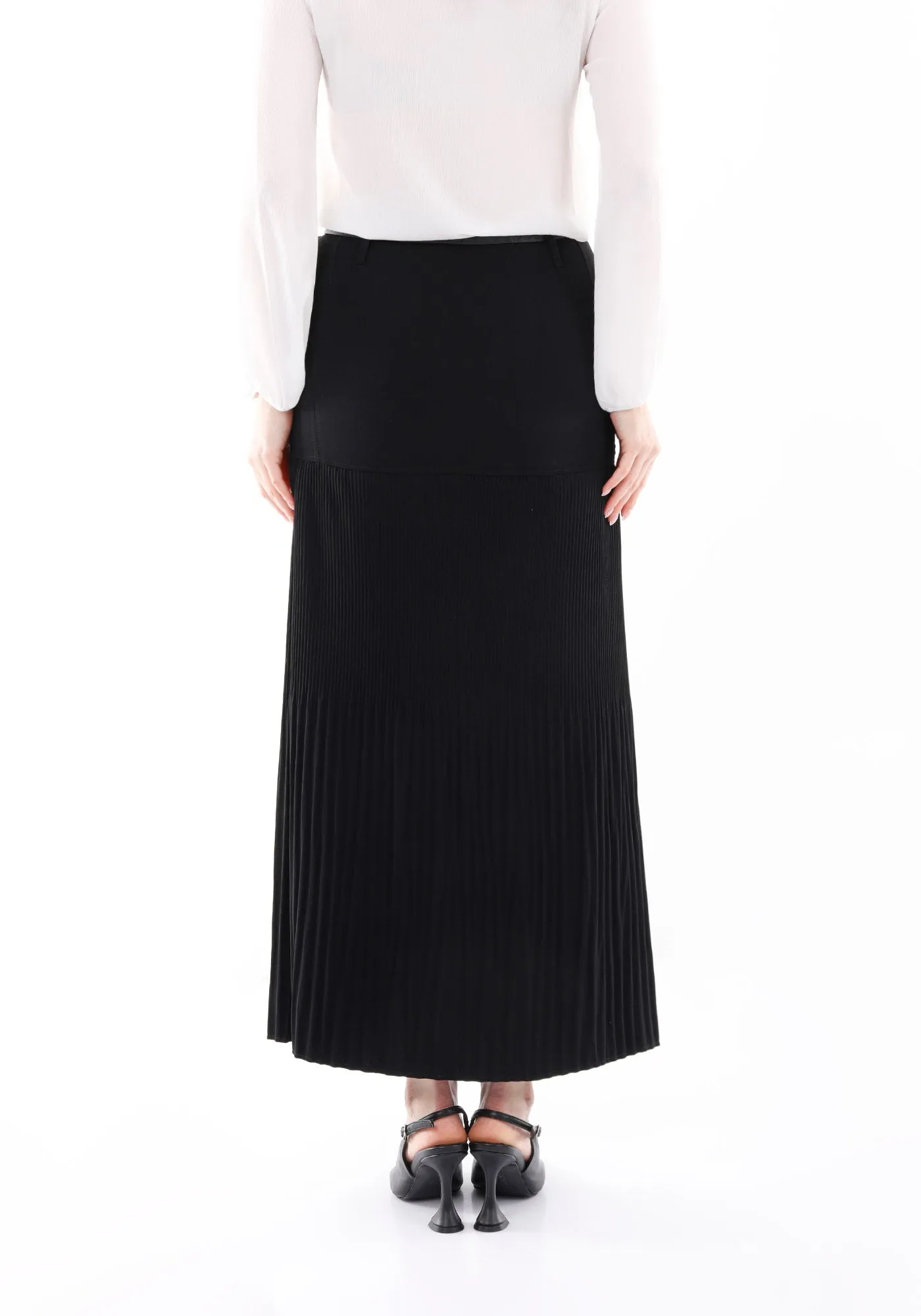 Black Thin Pleated Maxi Skirt with Floral Belt - G-Line