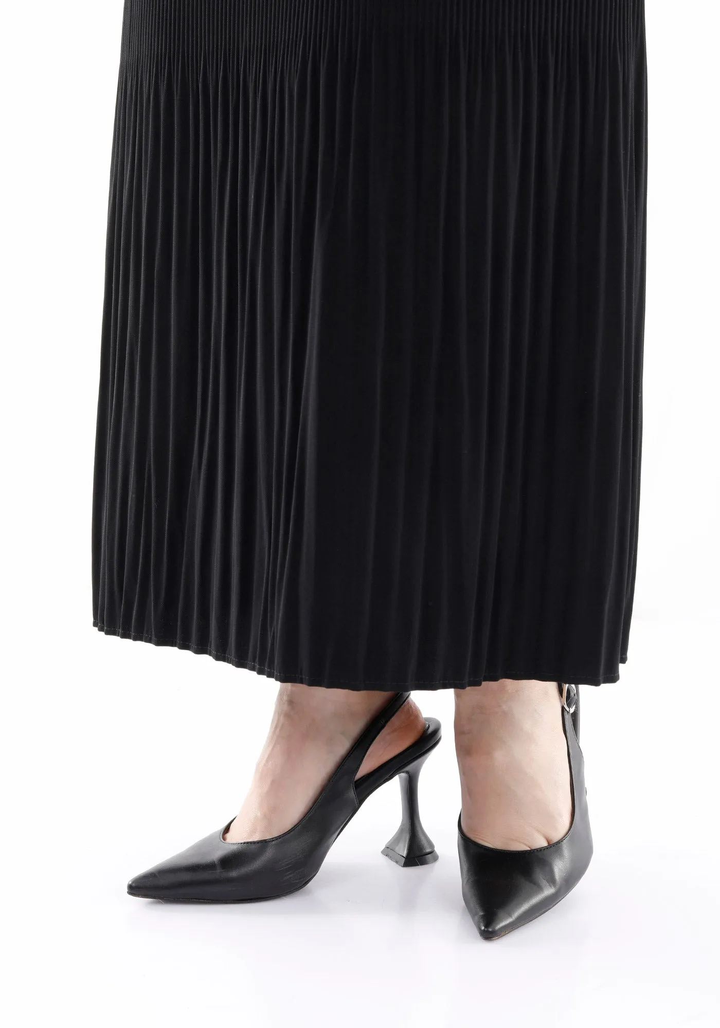 Black Thin Pleated Maxi Skirt with Floral Belt - G-Line