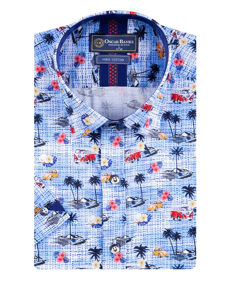 Blue Retro Cars Print Short Sleeve Shirt