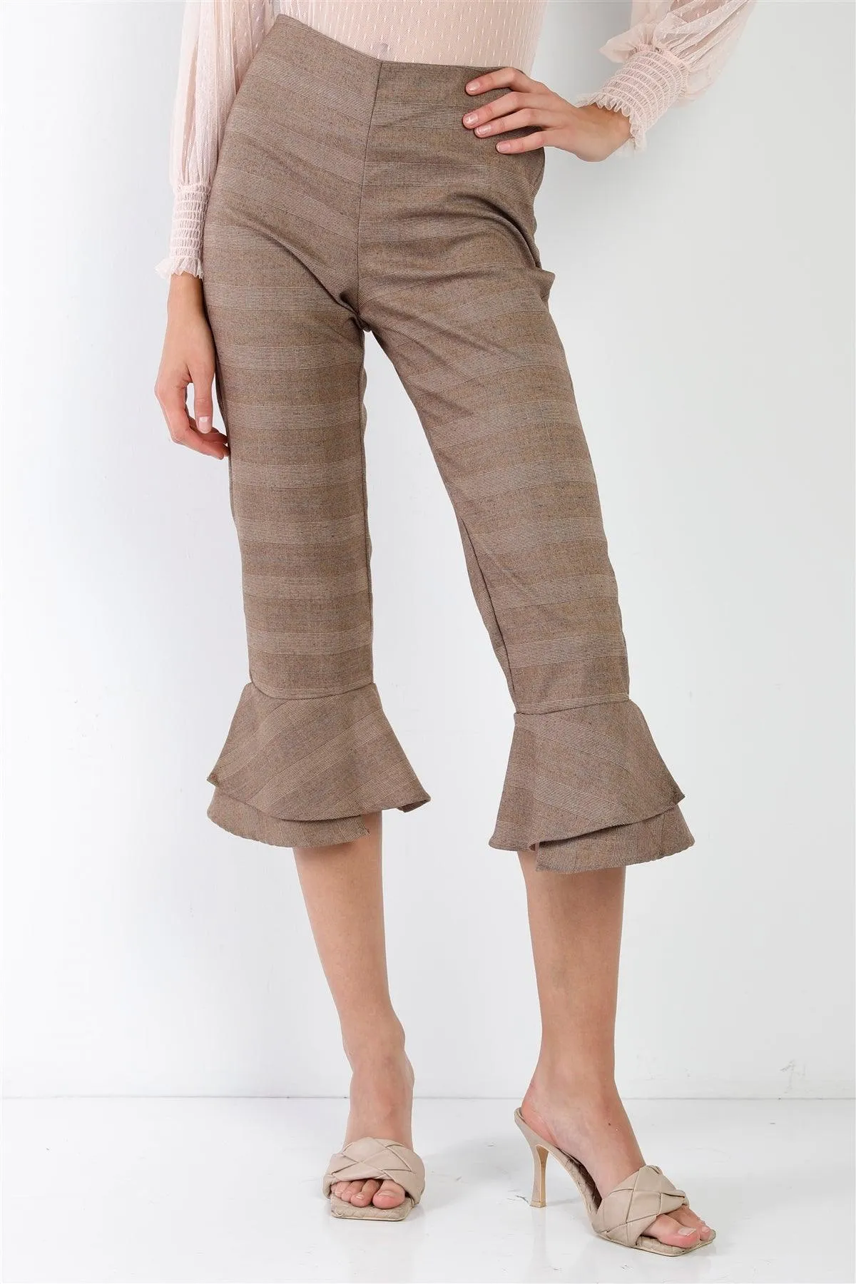 Brown Checkered High-Waisted Capri Pants /1-2-2-1