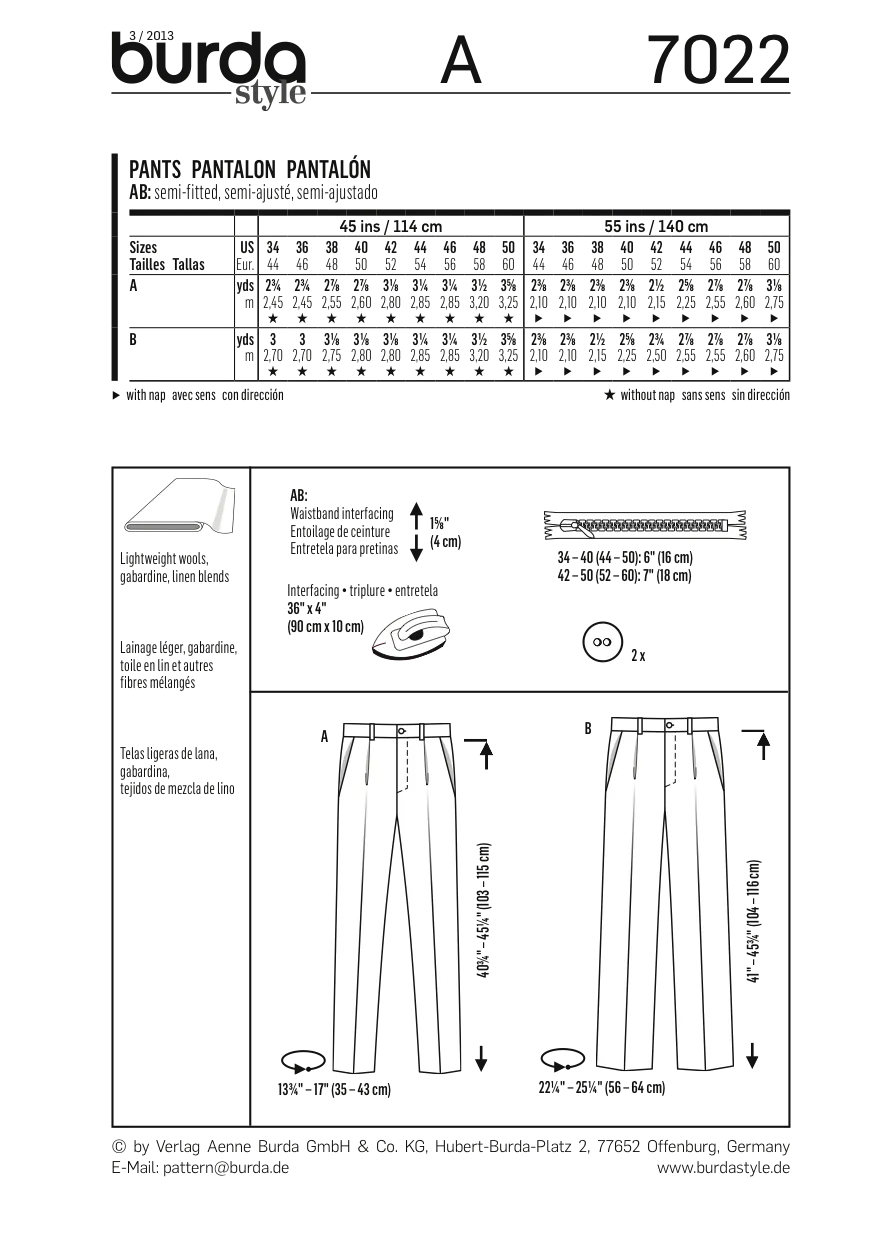 Burda 7022 Mens' Trousers Pattern