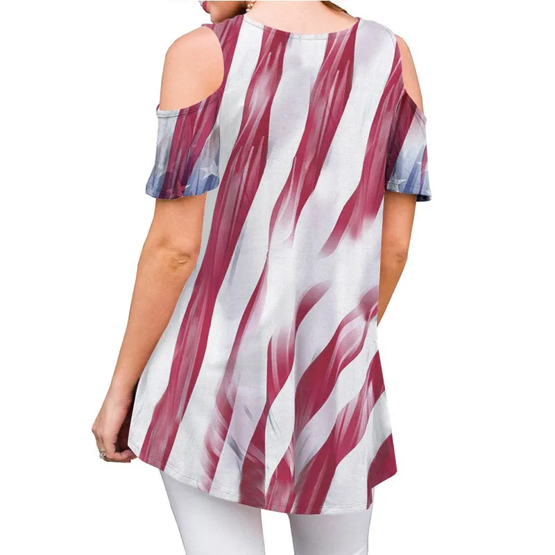 Casual Flag Print Cutout Short Sleeve Loose T-shirts