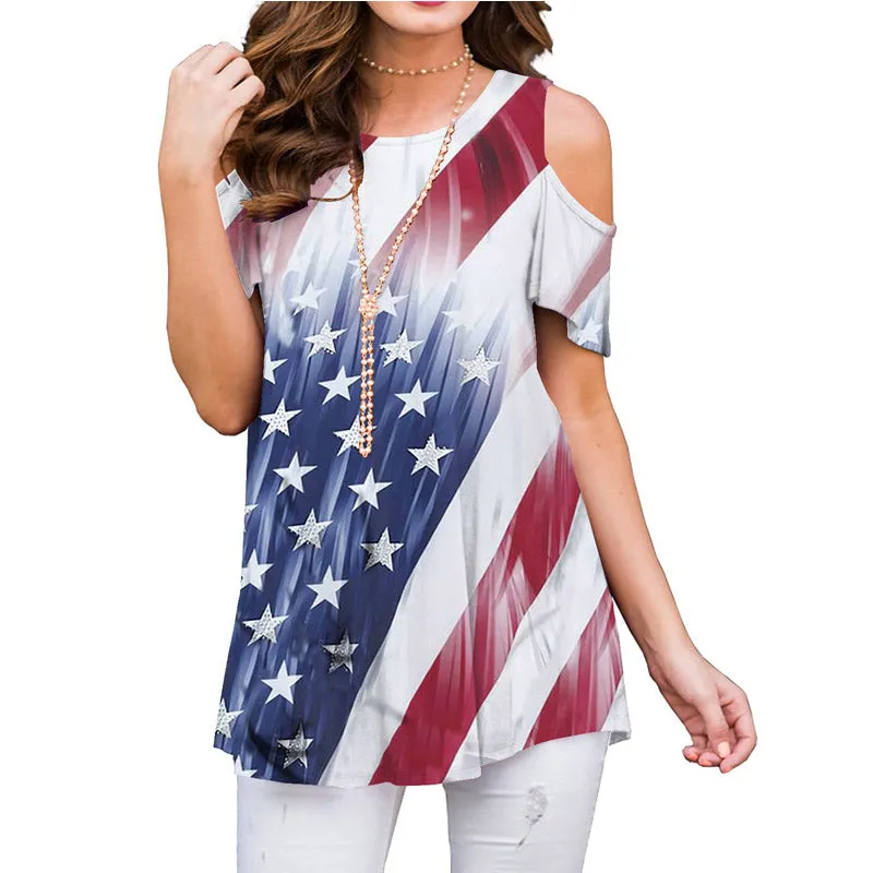 Casual Flag Print Cutout Short Sleeve Loose T-shirts