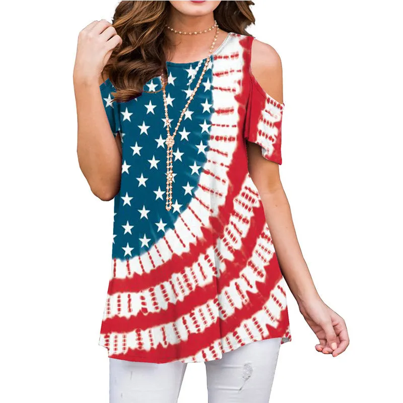 Casual Flag Print Cutout Short Sleeve Loose T-shirts