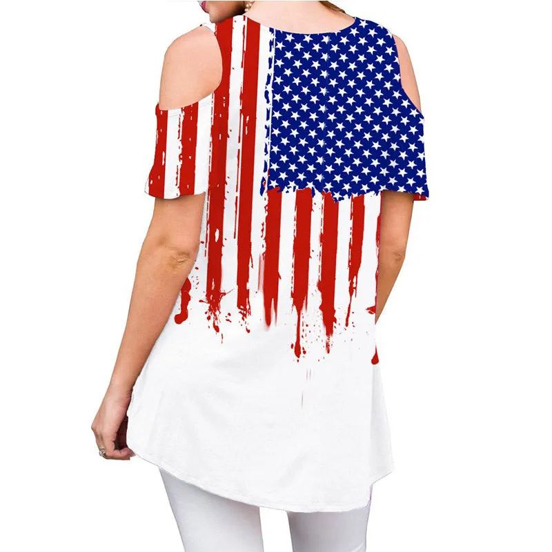 Casual Flag Print Cutout Short Sleeve Loose T-shirts