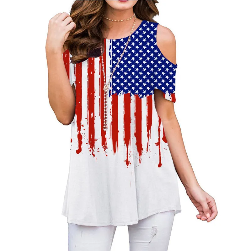 Casual Flag Print Cutout Short Sleeve Loose T-shirts