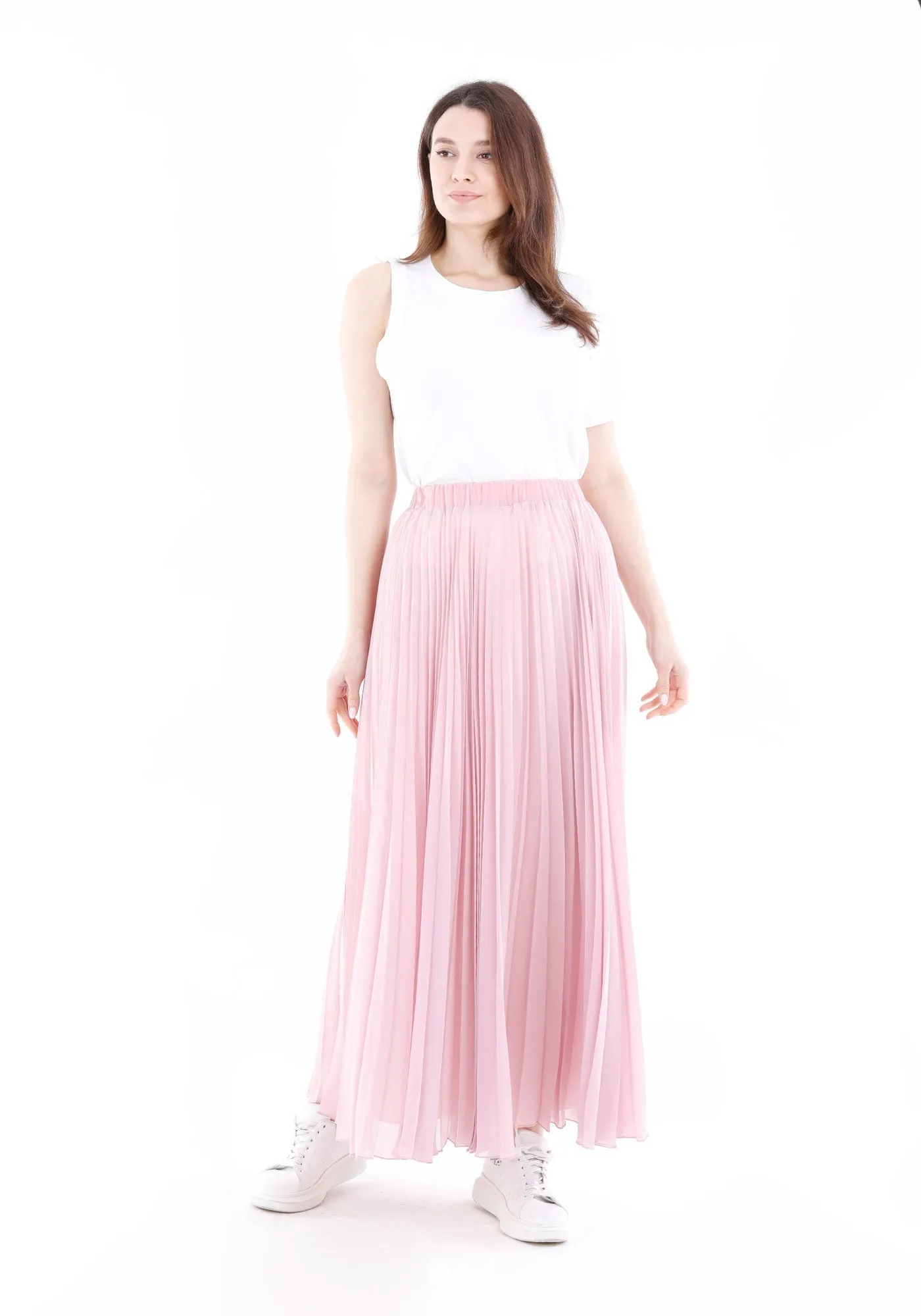 Chiffon Pleated Maxi Skirt with Elastic Waist Band