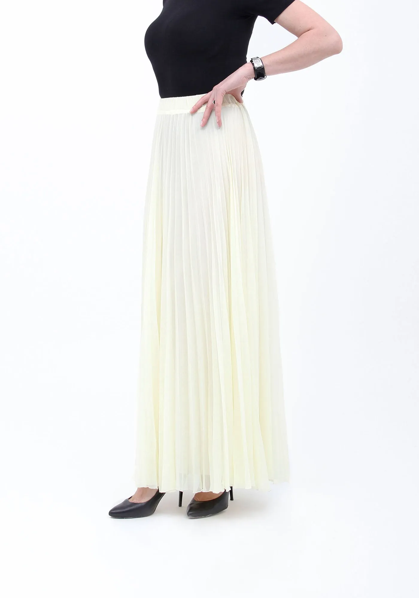 Chiffon Pleated Maxi Skirt with Elastic Waist Band