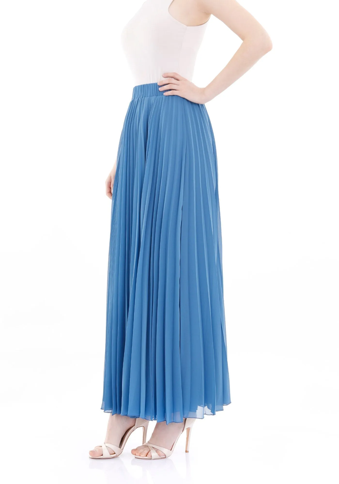 Chiffon Pleated Maxi Skirt with Elastic Waist Band