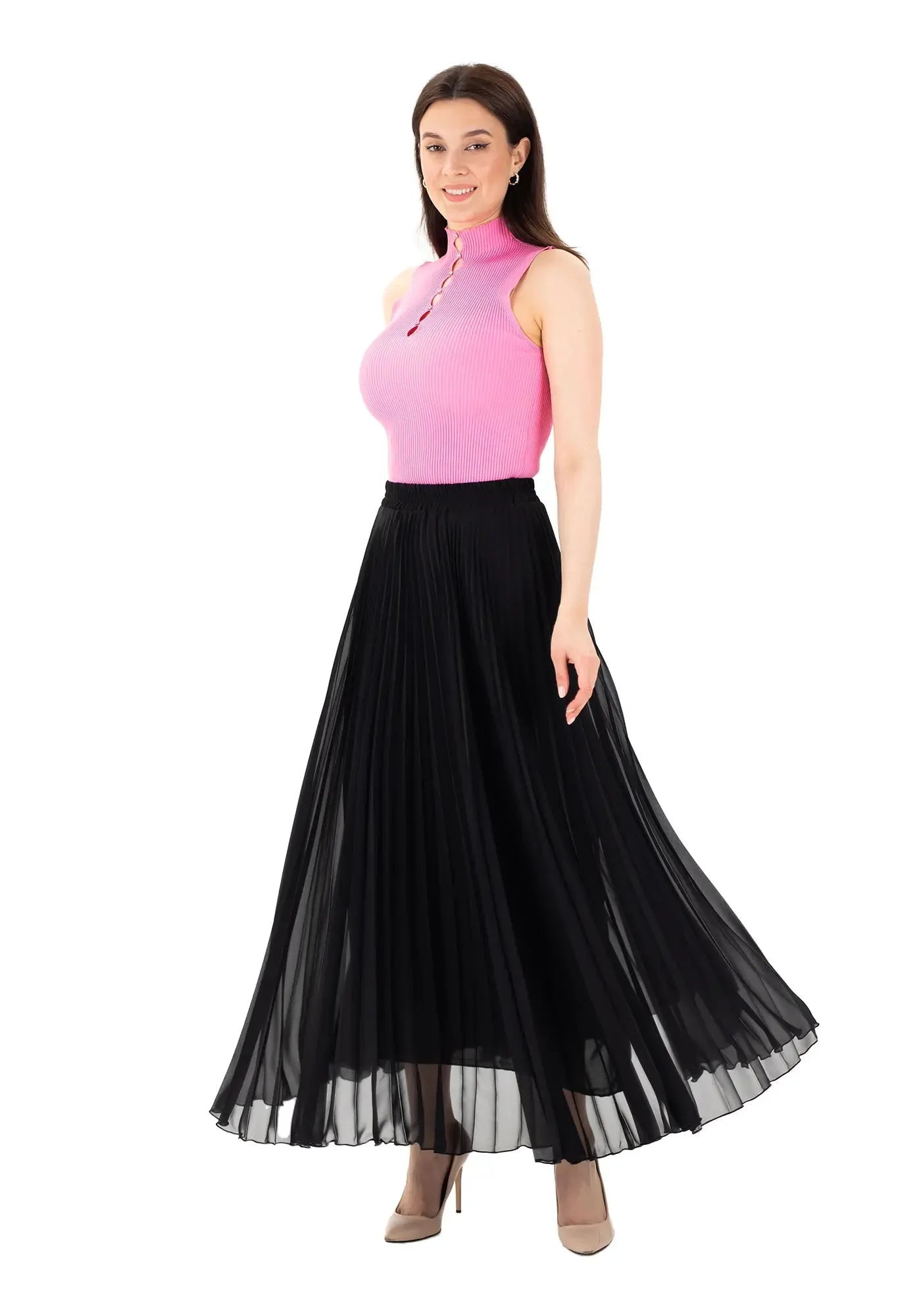 Chiffon Pleated Maxi Skirt with Elastic Waist Band