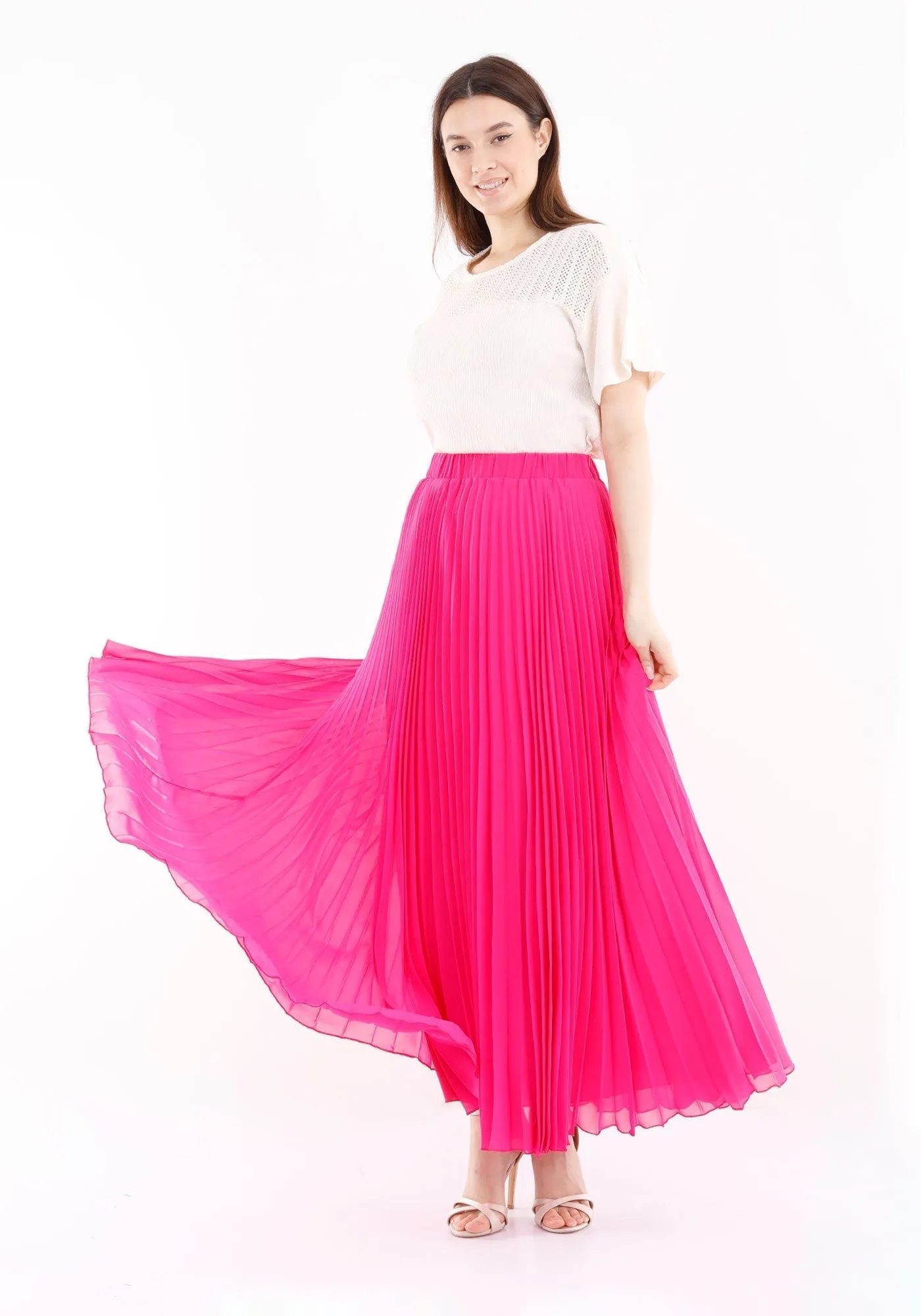 Chiffon Pleated Maxi Skirt with Elastic Waist Band