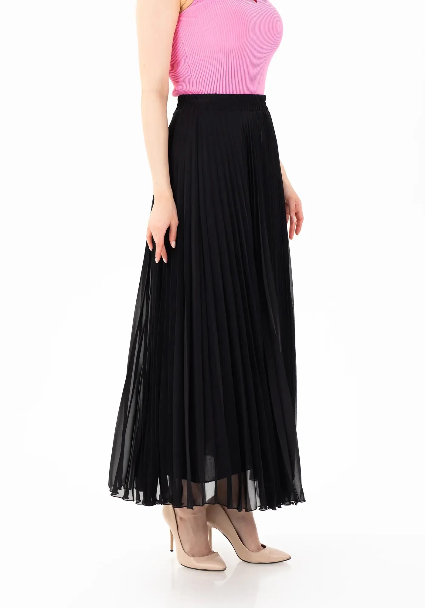 Chiffon Pleated Maxi Skirt with Elastic Waist Band