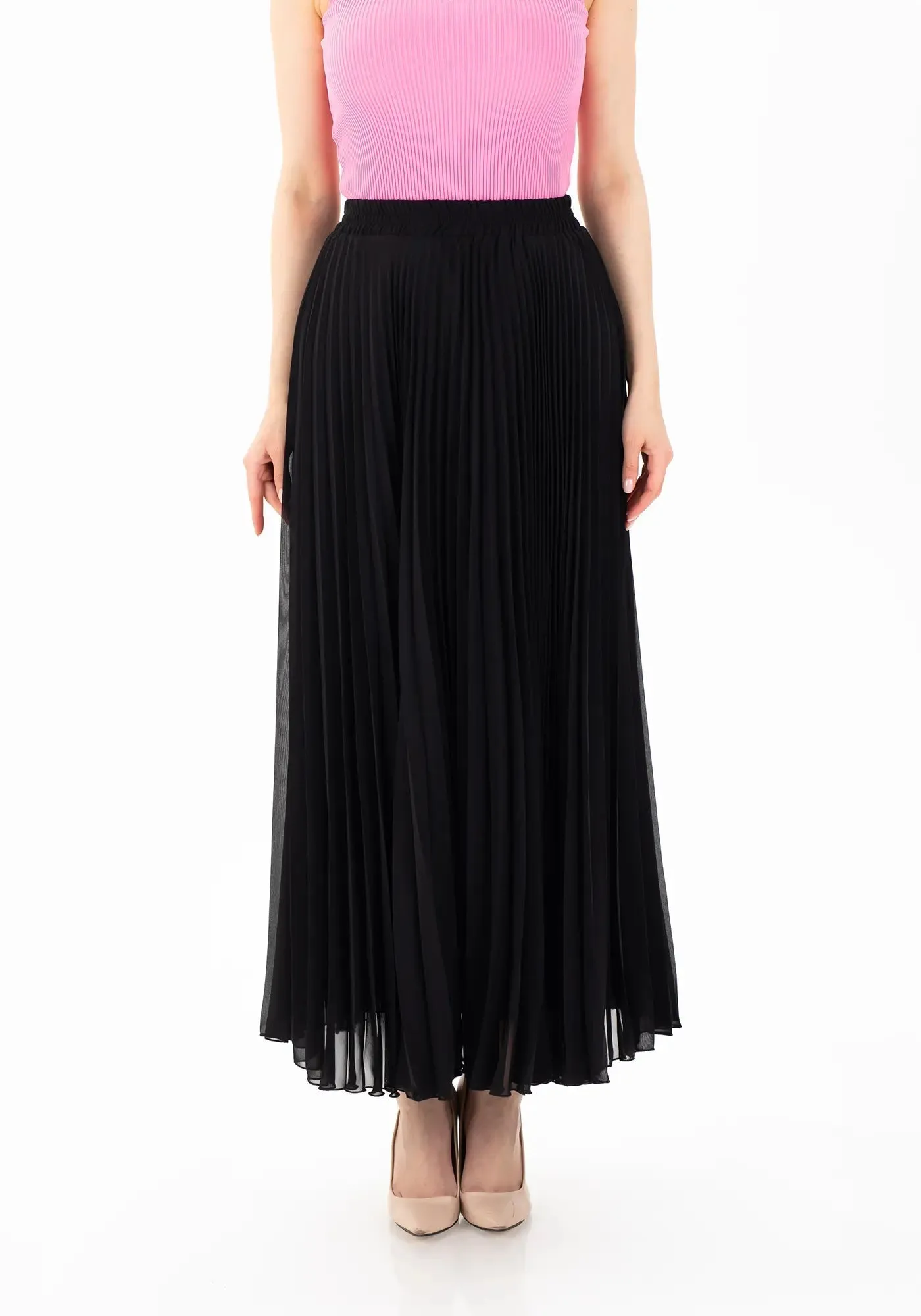 Chiffon Pleated Maxi Skirt with Elastic Waist Band