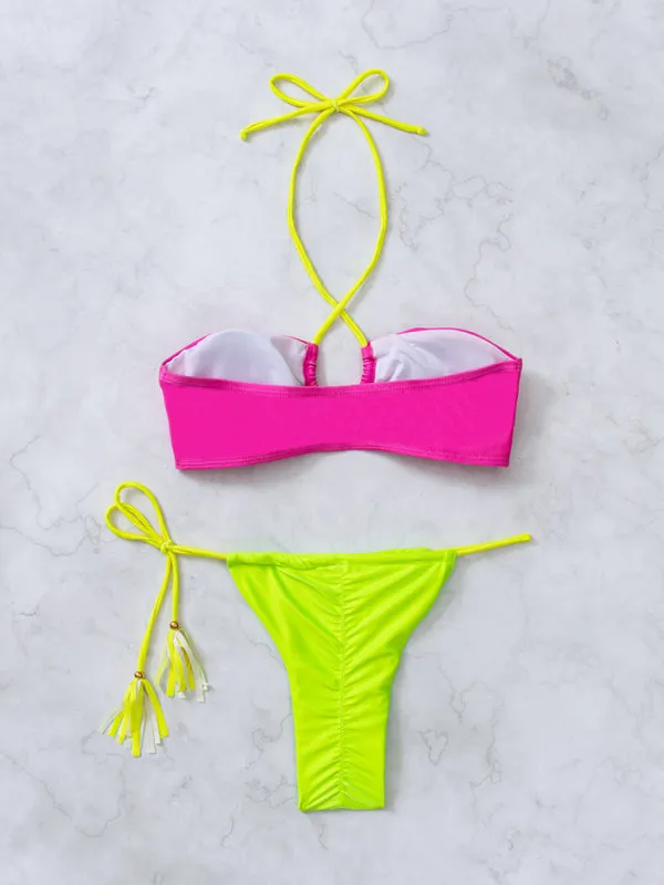 Color Block 2-Piece String Bikini Swimsuit - Bra and Ruched Back Bottoms